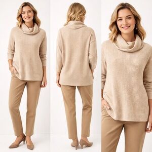 LOFT Cream Waffle Knit Cowl Neck Sweater | Gold Thread Detail | Beige Small